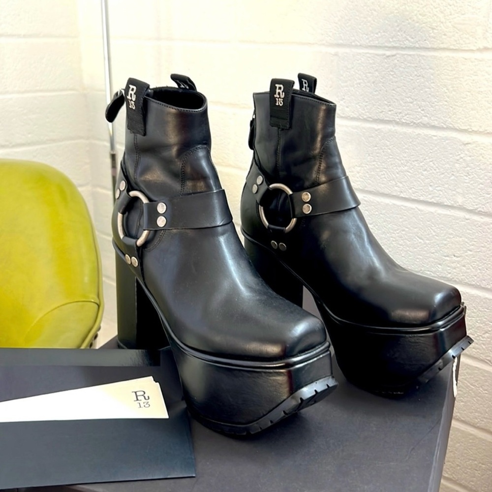 R13 Black Heeled Boots with Platform and Silver Hardware